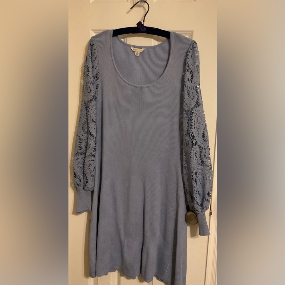 Cato Blue Sweater Dress with Lace Sleeves